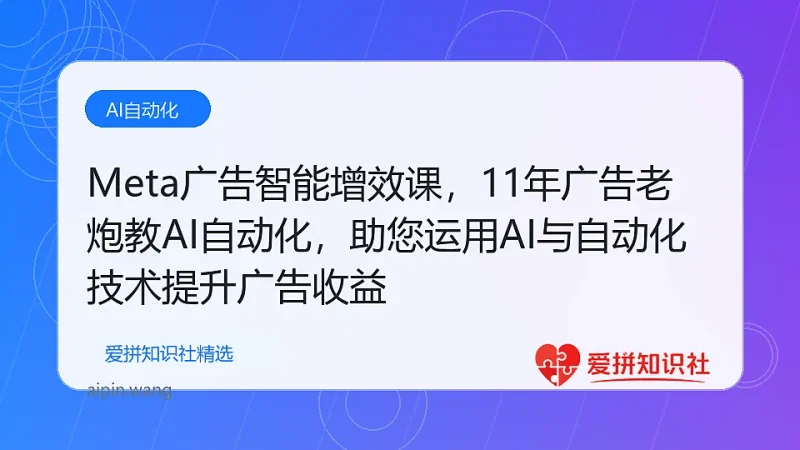 Meta广告智能增效课，11年广告老炮教AI自动化，助您运用AI与自动化技术提升广告收益-爱拼知识社 - 互联网创业与虚拟资源分享