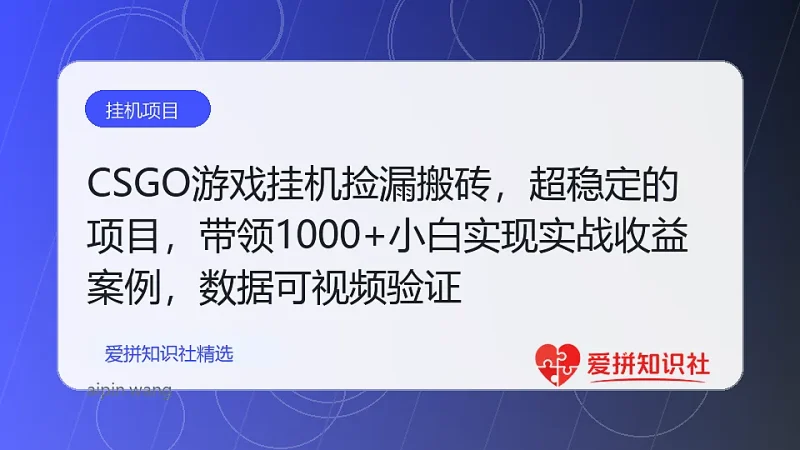 （17876期）CSGO游戏挂机捡漏搬砖，超稳定的项目，带领1000+小白实现日入500+，数据可视频验证-爱拼知识社 - 互联网创业与虚拟资源分享