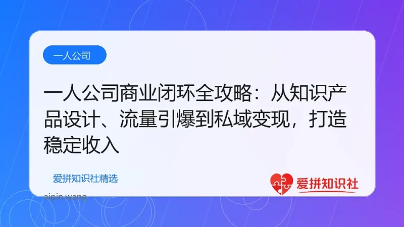 一人公司商业闭环全攻略：从知识产品设计、流量引爆到私域变现，打造稳定收入-爱拼知识社 - 互联网创业与虚拟资源分享