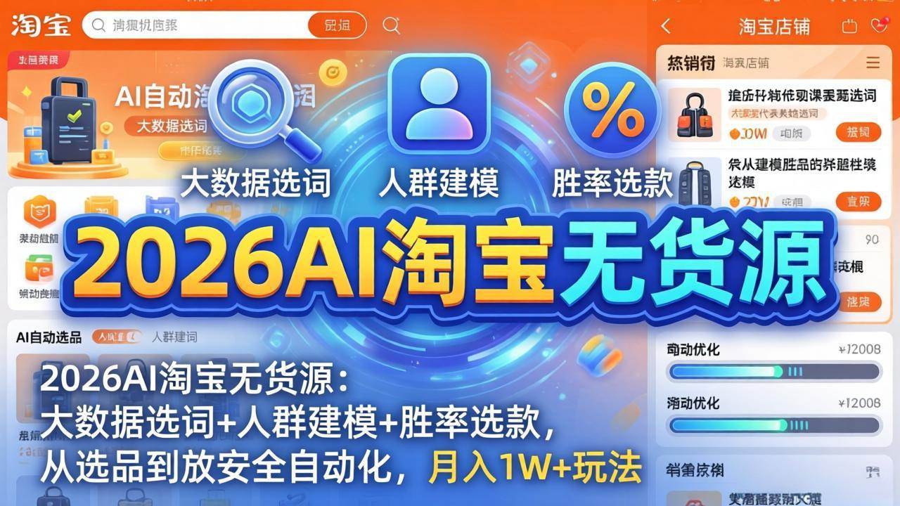 （17812期）2026AI淘宝无货源：大数据选词+人群建模+胜率选款，从选品到放大全自动化，月入1W+玩法-爱拼知识社 - 互联网创业与虚拟资源分享